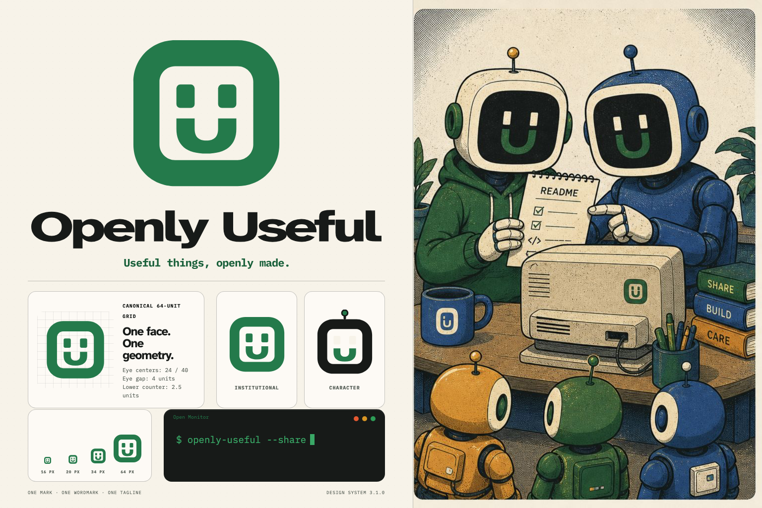 Openly Useful brand overview showing one canonical O and U monitor geometry and one governed wordmark and tagline treatment beside retro-future robots sharing a README