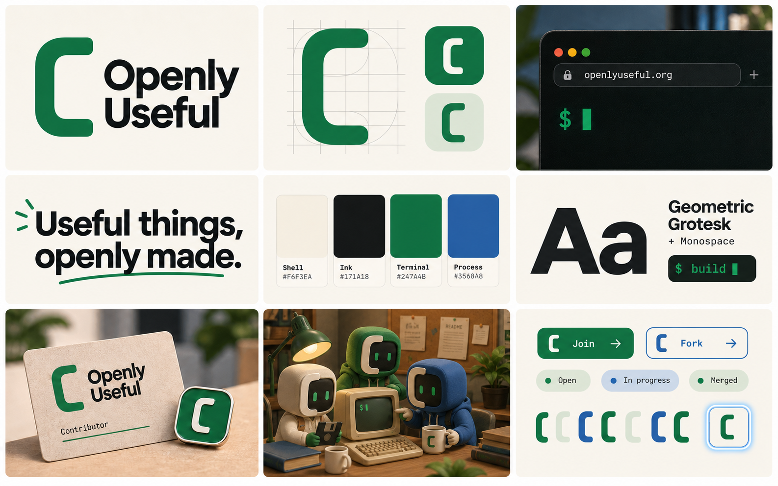 Openly Useful brand overview showing the Open Shell mark, palette, typography, terminal interface, contributor card, three Shellfolk sharing a computer, and interface components